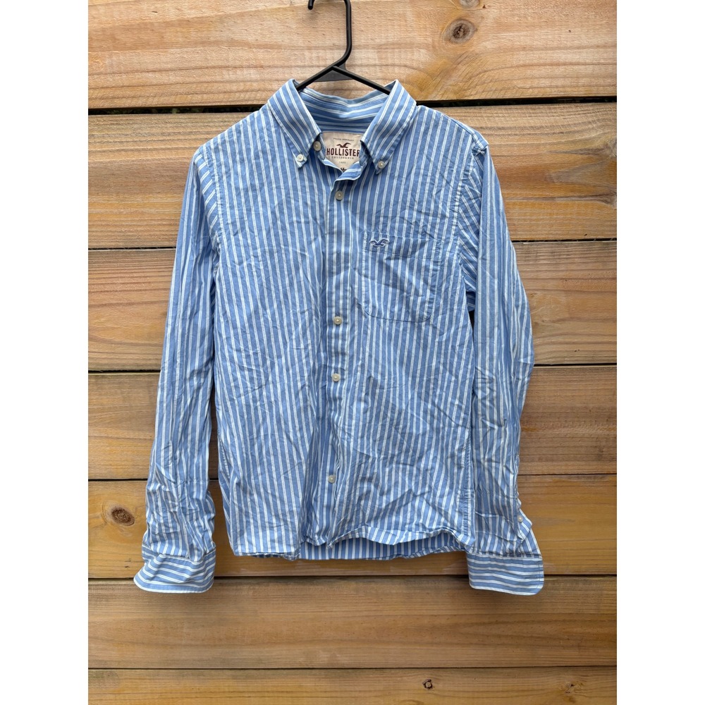 Hollister Mens Blue White Striped Long Sleeve Button Down Shirt Size M Logo